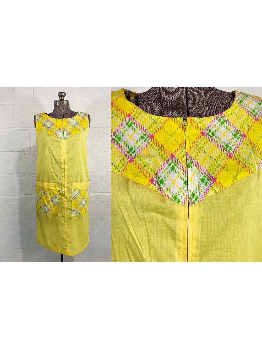 House Dress Nightgown Plaid Yellow Sleepwear Sleeveless Small Medium 1960s
